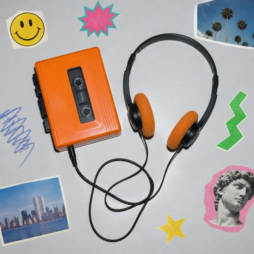 Cassette player and headphones collage